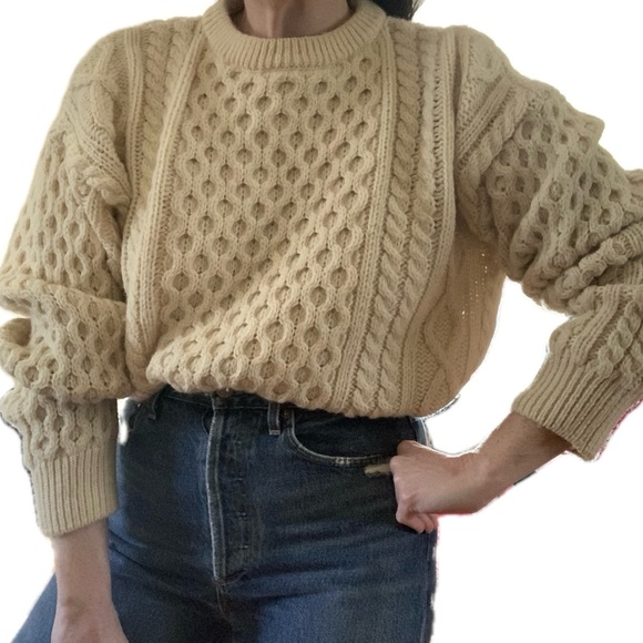 Vintage Pure New Wool Irish Fisherman Cable Knit Aran Crewneck Sweater Quills XL - Picture 4 of 14